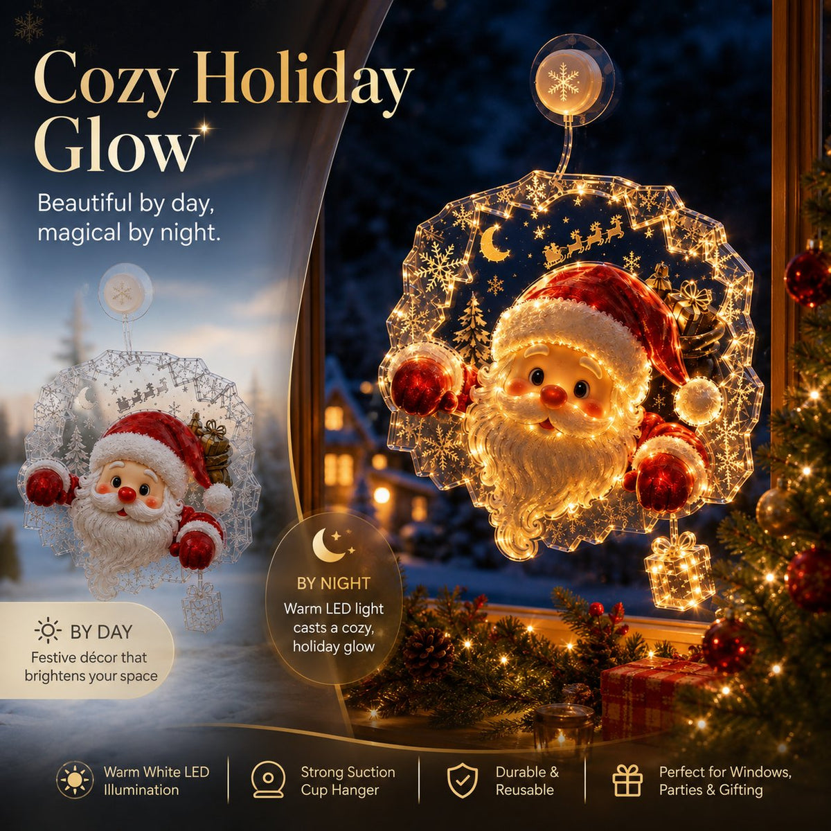 ✈️50% off—last day!✨🎄 Suction-Cup Christmas Lights | Double-Layer Warm LED Window Lights, Various Festive Designs, Flat-Profile Style ✨