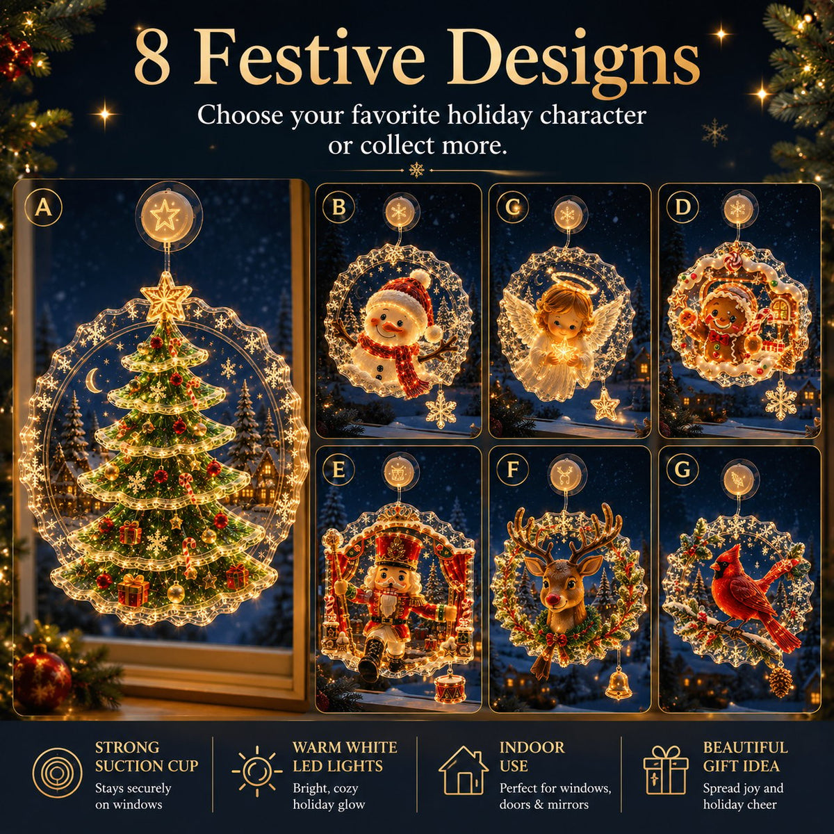 ✈️50% off—last day!✨🎄 Suction-Cup Christmas Lights | Double-Layer Warm LED Window Lights, Various Festive Designs, Flat-Profile Style ✨