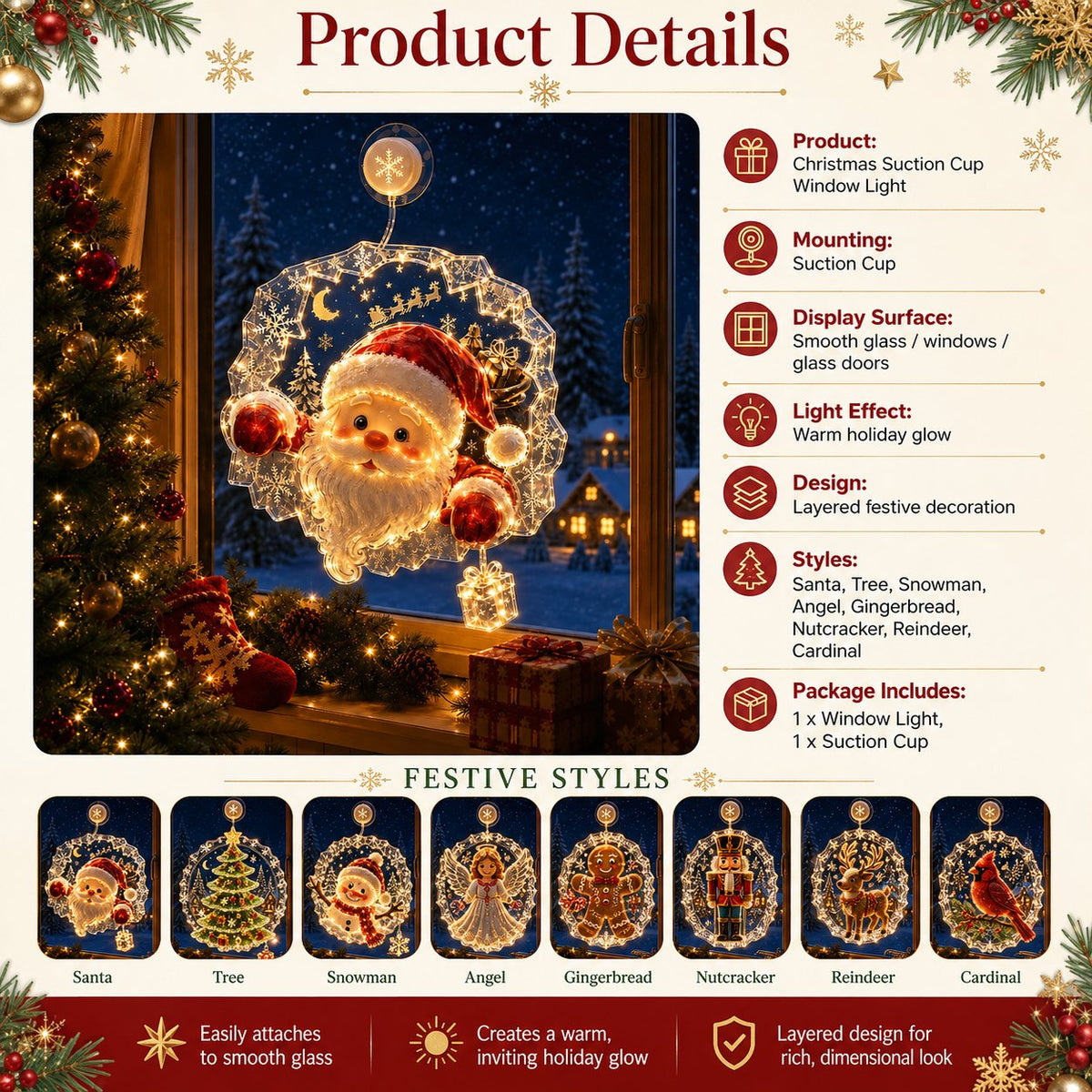 ✈️50% off—last day!✨🎄 Suction-Cup Christmas Lights | Double-Layer Warm LED Window Lights, Various Festive Designs, Flat-Profile Style ✨