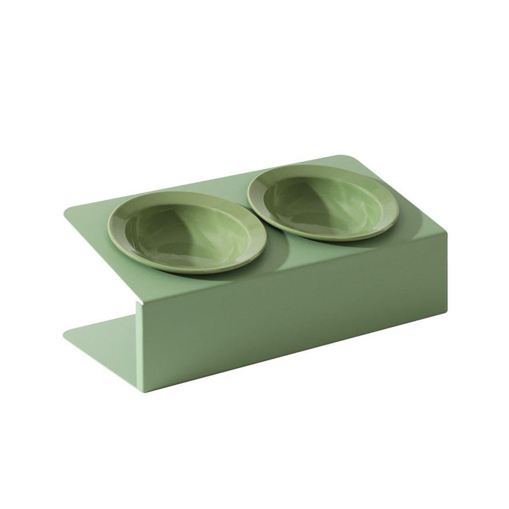 Ceramic Slanted Double Pet Bowl - Green
