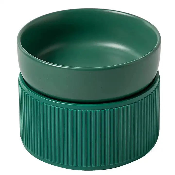 HOPD Ribbed Elevated Ceramic Single Dog Bowl in Emerald