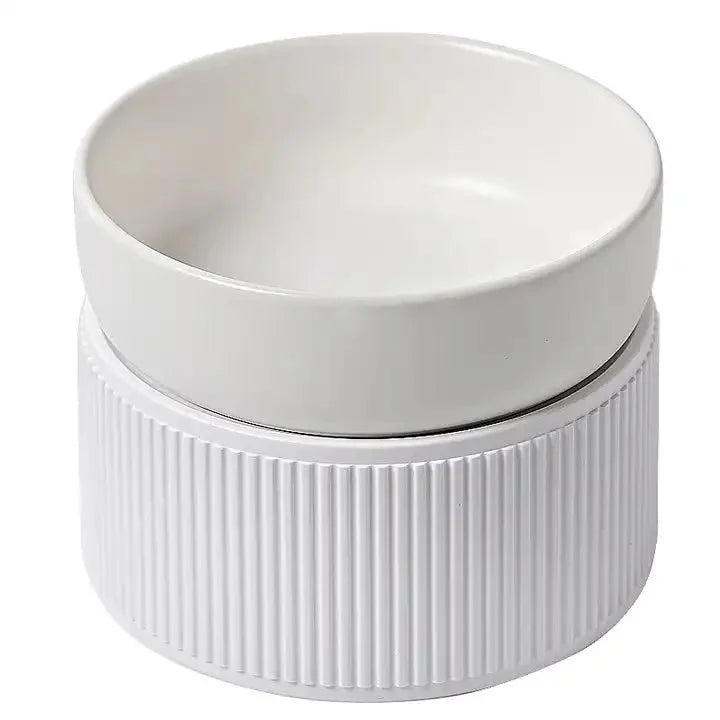 HOPD Ribbed Elevated Ceramic Single Dog Bowl in White