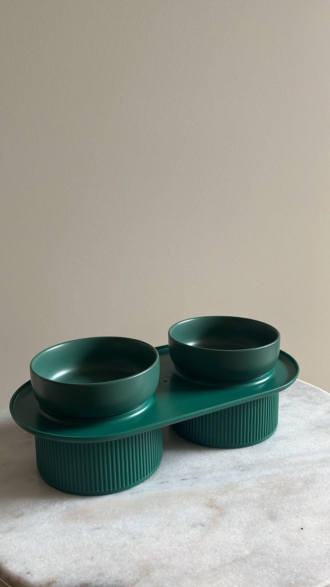 HOPD Ribbed Ceramic Double Pet Bowl 3pc Set - Emerald