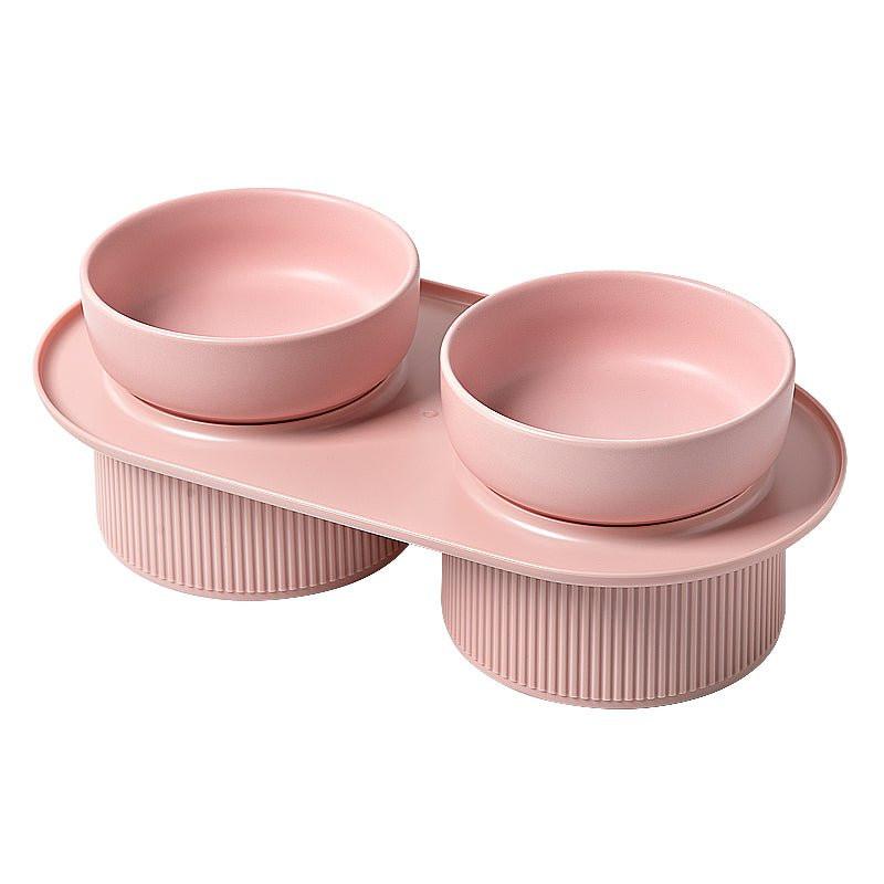 HOPD Ribbed Ceramic Double Pet Bowl 3pc Set - Pink