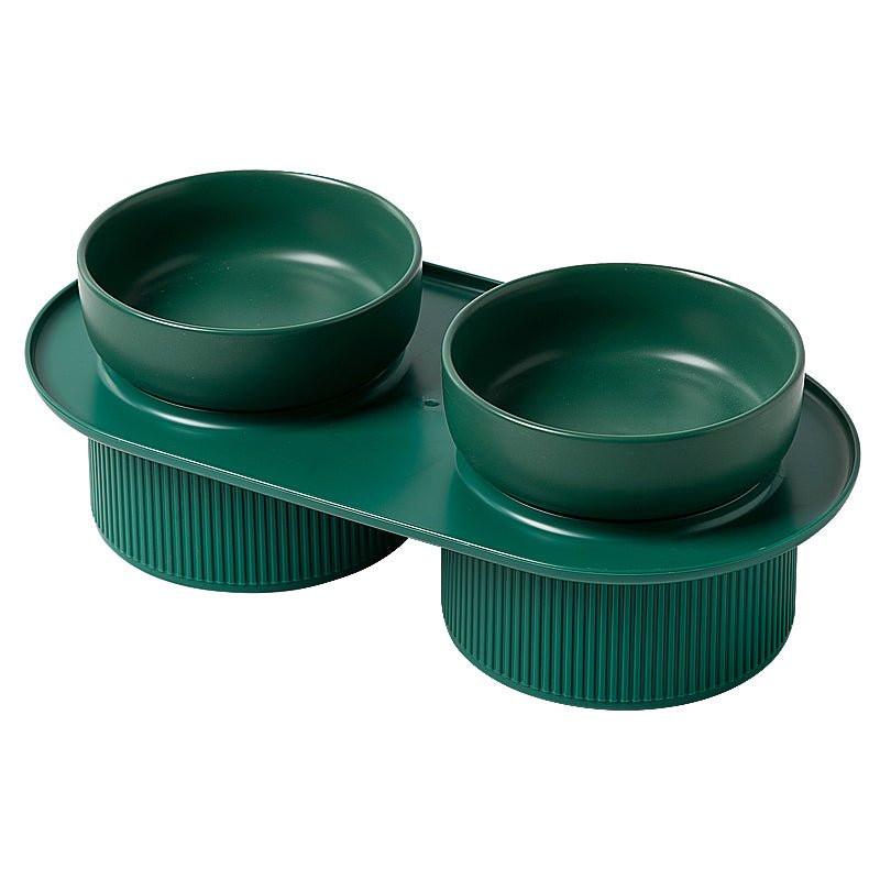 HOPD Ribbed Ceramic Double Pet Bowl 3pc Set - White